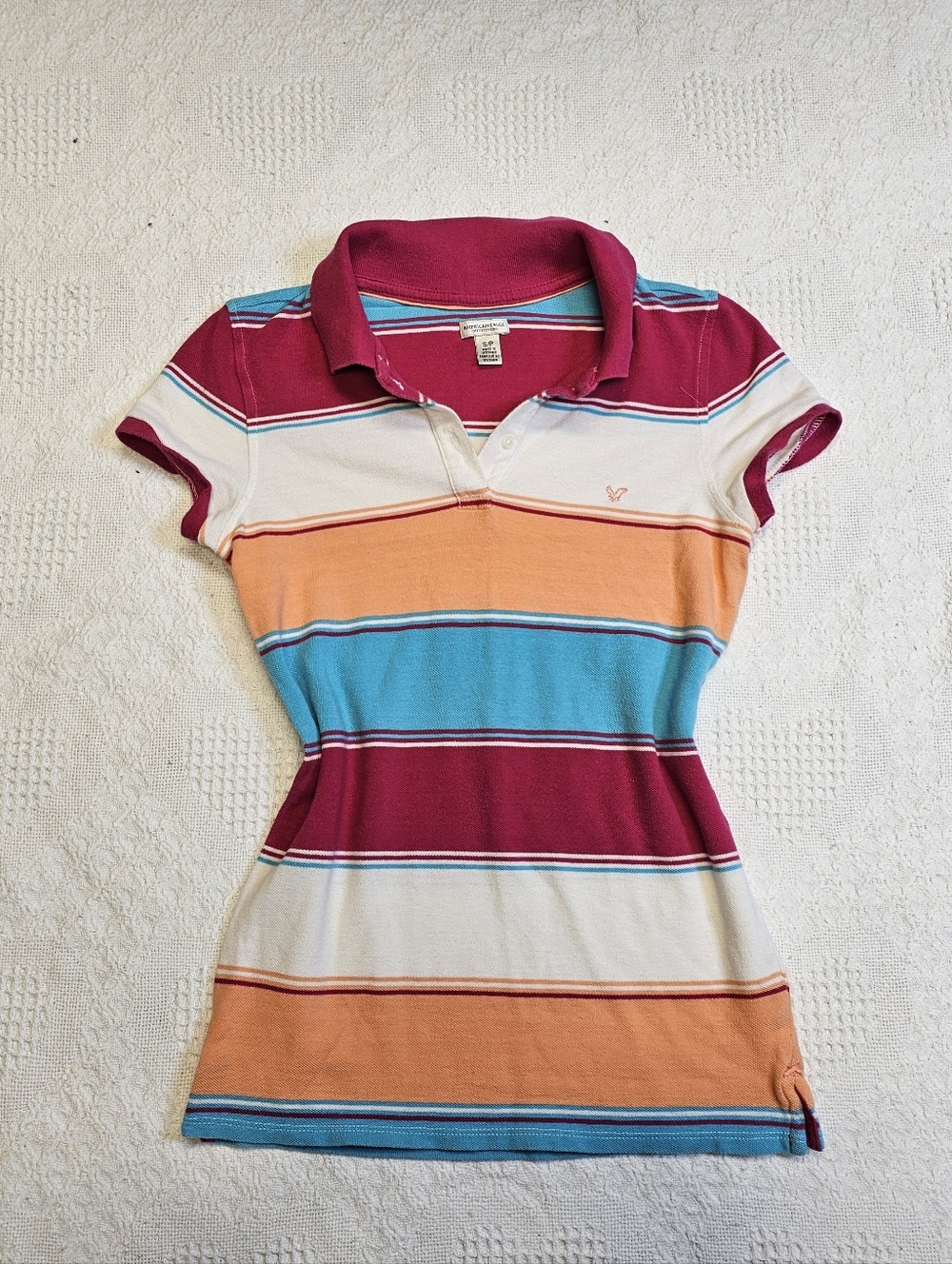 American Eagle Women’s Striped Polo Shirt - Pink, Orange & Blue